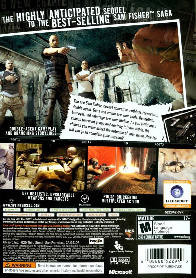 Tom Clancy's Splinter Cell Double Agent Back Cover - Xbox 360 Pre-Played