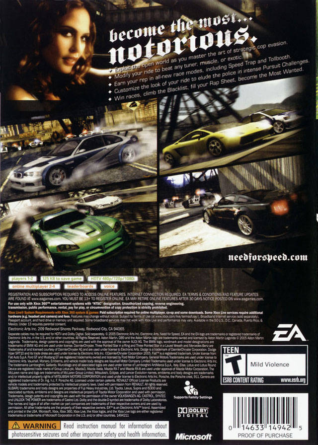 Need For Speed Most Wanted Back Cover - Xbox 360 Pre-Played