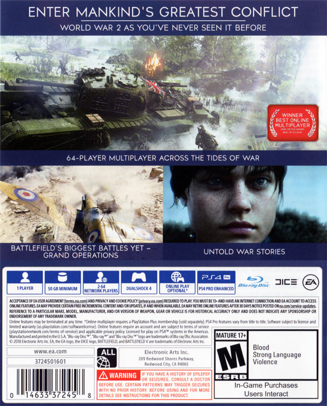 Battlefield V Back Cover - Playstation 4 Pre-Played