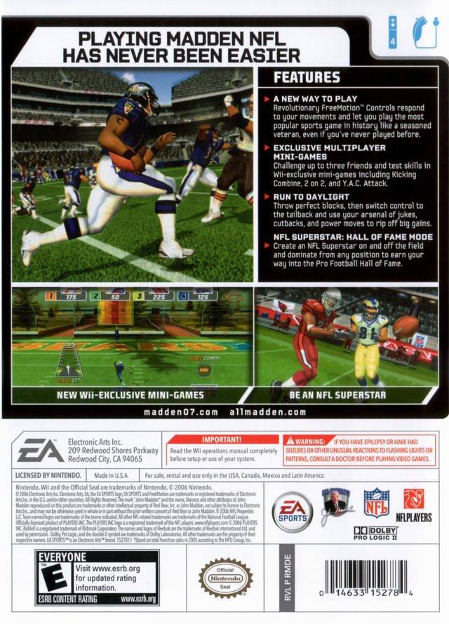 Madden NFL 07 Back Cover - Nintendo Wii Pre-Played
