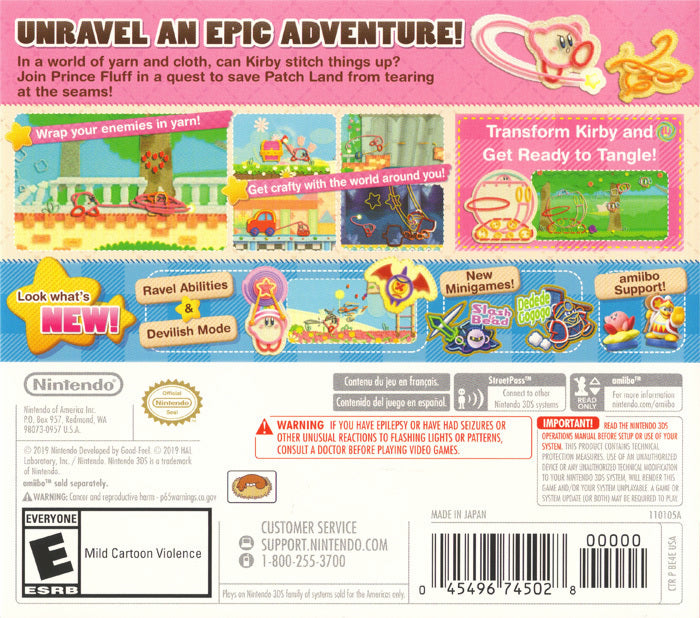 Kirby's Extra Epic Yarn - Nintendo 3DS Pre-Played Back Cover