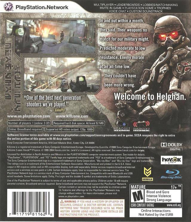 Killzone 2 Back Cover - Playstation 3 Pre-Played