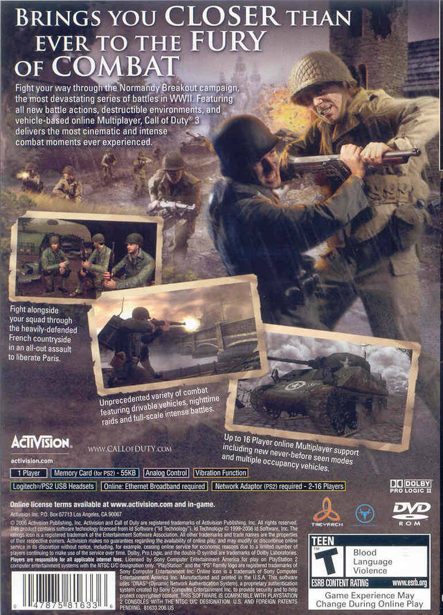 Call of Duty 3 Back Cover - Playstation 2 Pre-Played