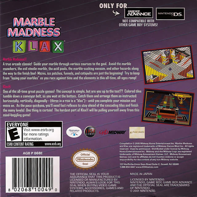 Marble Madness and Klax Back Cover - Nintendo Gameboy Advance Pre-Played