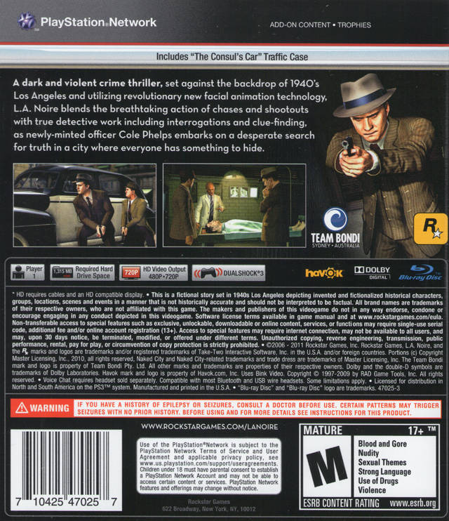 L.A. Noire Back Cover - Playstation 3 Pre-Played