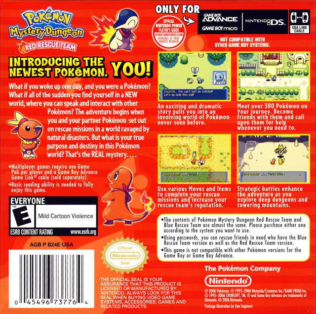 Pokemon Mystery Dungeon Red Rescue Team Back Cover - Nintendo Gameboy Advance Pre-Played