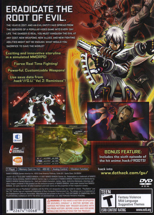 Dot Hack G.U. Vol. 3 Redemption Back Cover - Playstation 2 Pre-Played