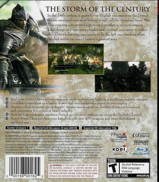 Bladestorm The Hundred Years' War Back Cover - Playstation 3 Pre-Played