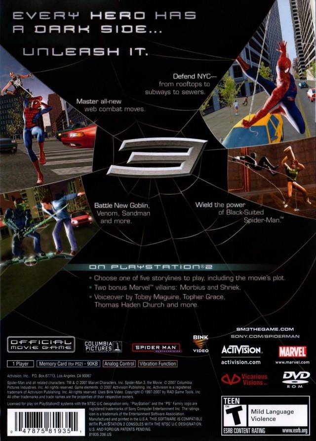 Spiderman 3 Back Cover - Playstation 2 Pre-Played