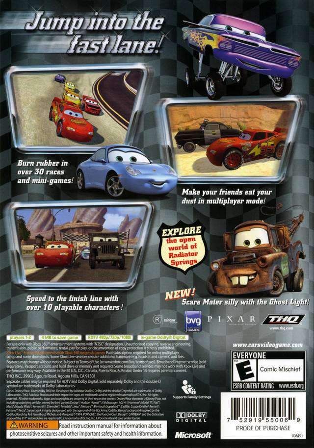 Disney Pixar Cars Back Cover - Xbox 360 Pre-Played