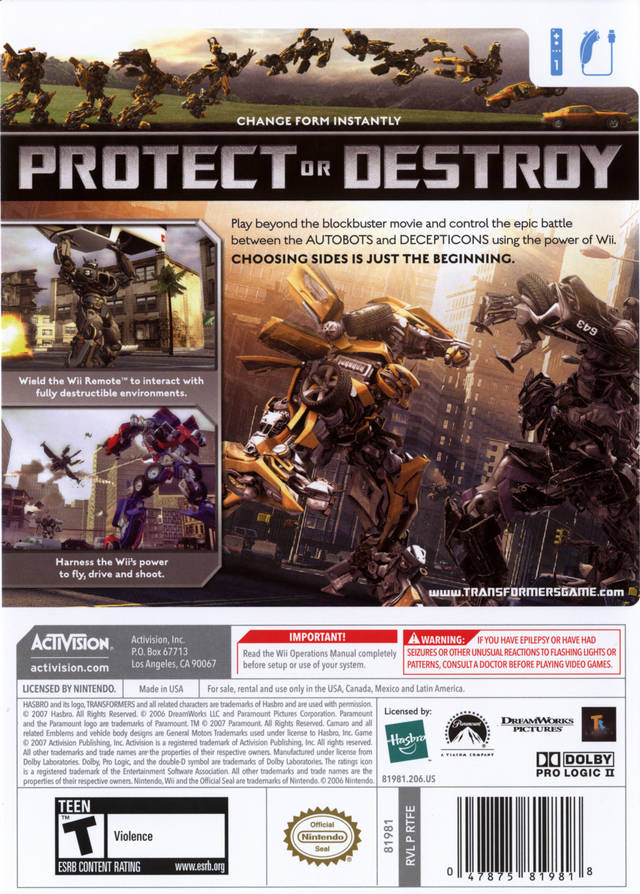 Transformers the Game Back Cover - Nintendo Wii Pre-Played