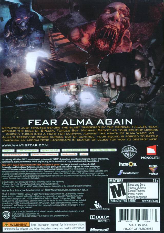 Fear 2: Project Origin Back Cover - Xbox 360 Pre-Played