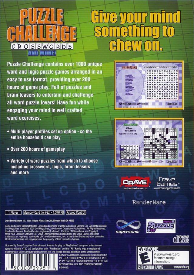 Puzzle Challenge Crosswords and More! Back Cover - Playstation 2 Pre-Played