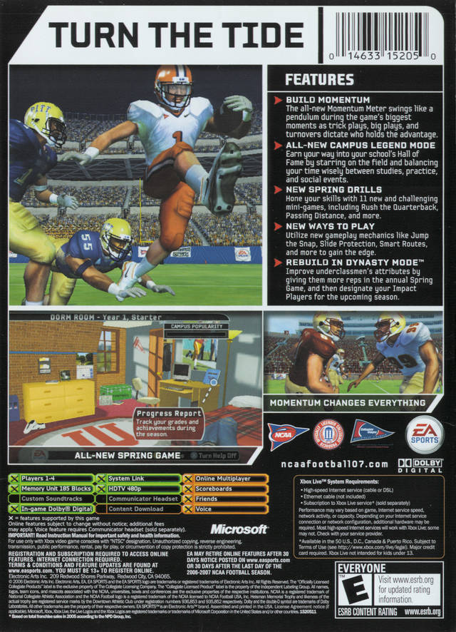 NCAA Football 07 Back Cover - Xbox Pre-Played