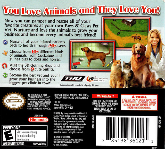 Paws & Claws Pet Vet Back Cover - Nintendo DS Pre-Played