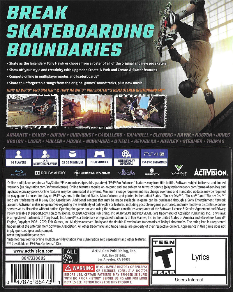 Tony Hawk's Pro Skater 1+2 Back Cover - Playstation 4 Pre-Played