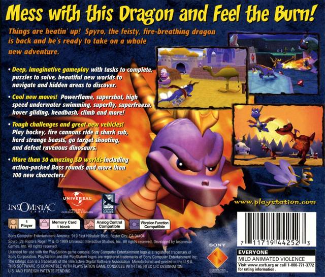 Spyro 2 Ripto's Rage Back Cover - Playstation 1 Pre-Played