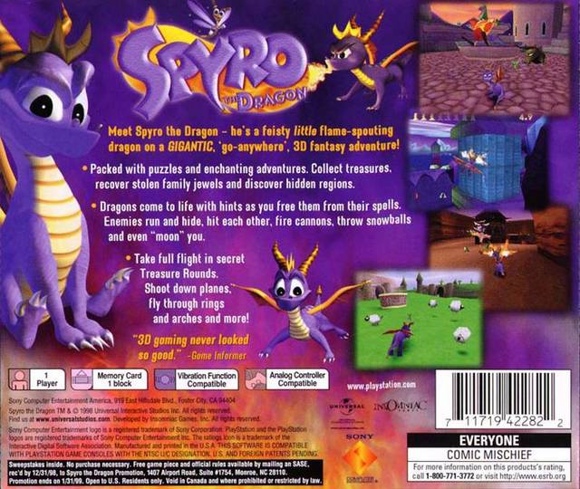 Spyro the Dragon Back Cover - Playstation 1 Pre-Played