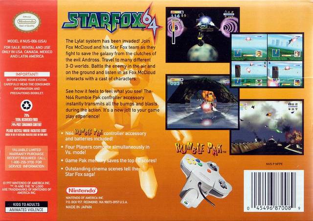 Starfox 64 Back Cover - Nintendo 64 Pre-Played