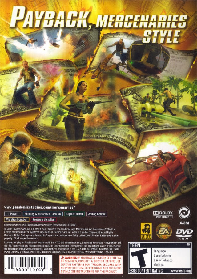 Mercenaries 2 World in Flames Back Cover - Playstation 2 Pre-Played