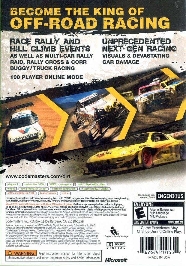 DIRT Back Cover - Xbox 360 Pre-Played