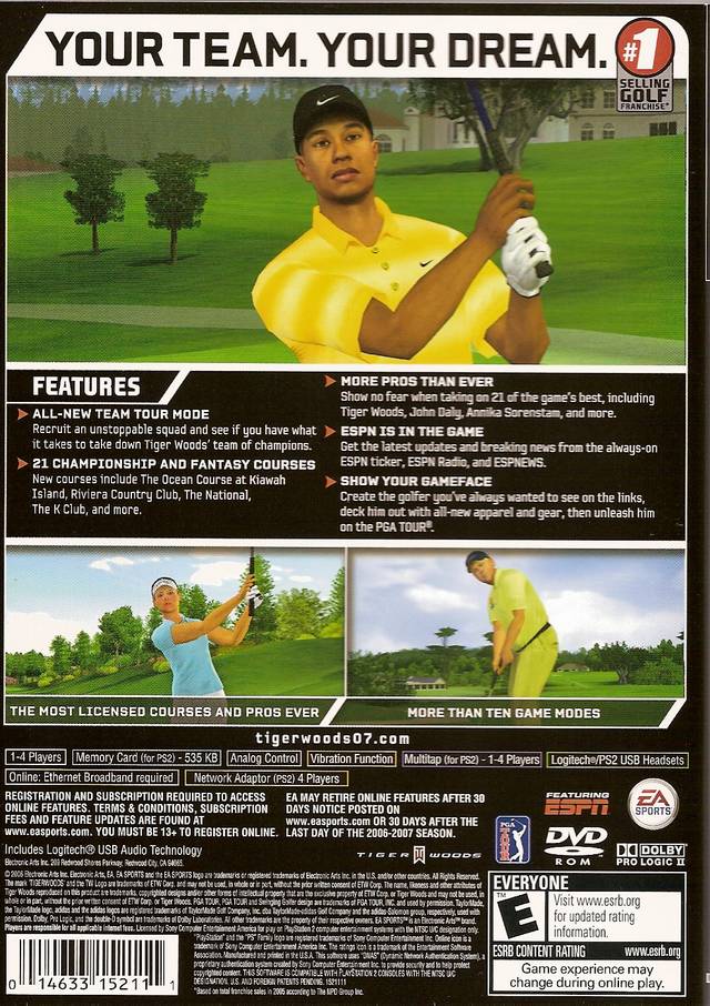 Tiger Woods PGA Tour 07 Back Cover - Playstation 2 Pre-Played