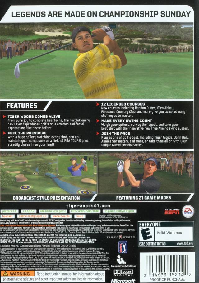 Tiger Woods PGA Tour 07 Back Cover - Xbox 360 Pre-Played