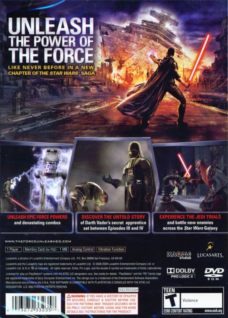Star Wars The Force Unleashed Back Cover - Playstation 2 Pre-Played