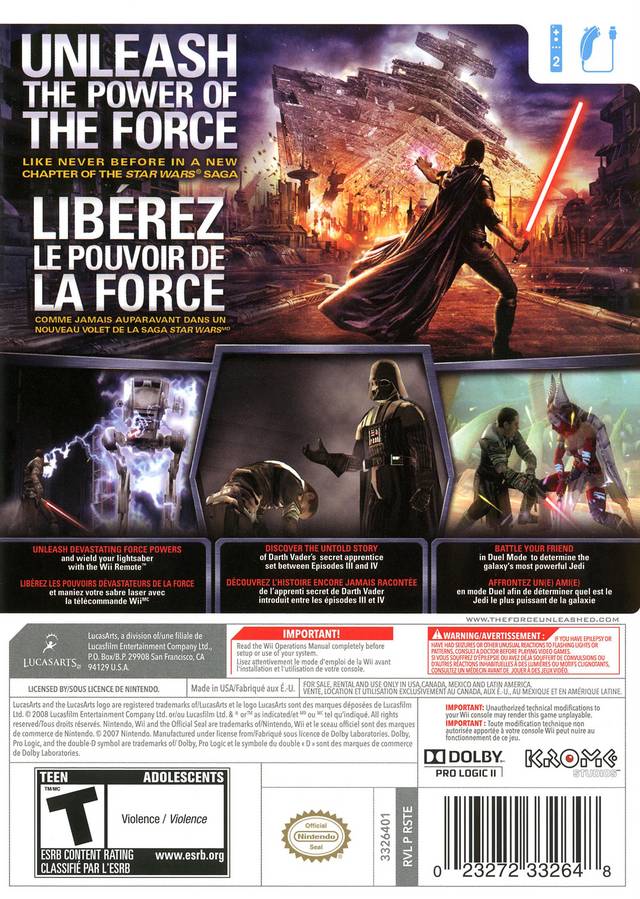 Star Wars The Force Unleashed Back Cover - Nintendo Wii Pre-Played
