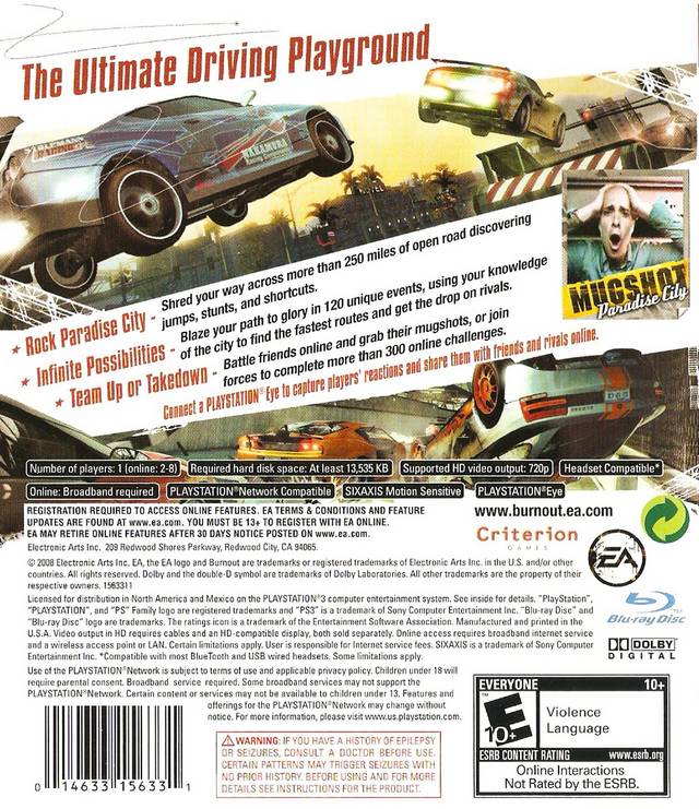 Burnout Paradise Back Cover - Playstation 3 Pre-Played