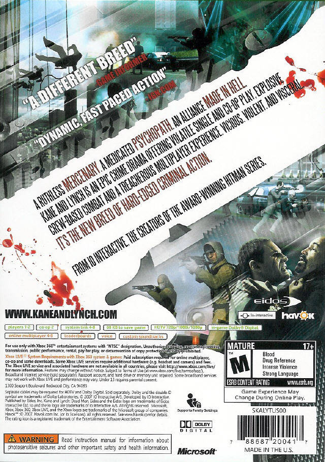 Kane & Lynch Dead Men Back Cover - Xbox 360 Pre-Played