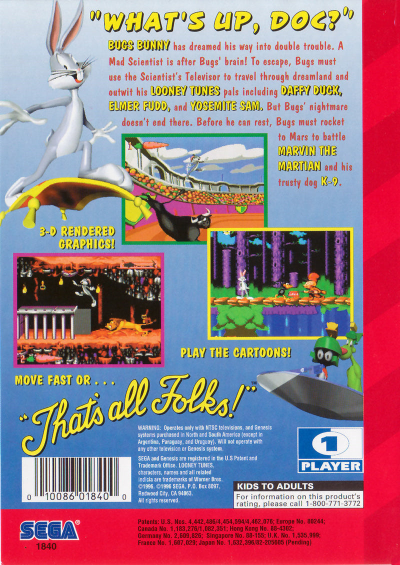 Bugs Bunny In Double Trouble Back Cover - Sega Genesis Pre-Played