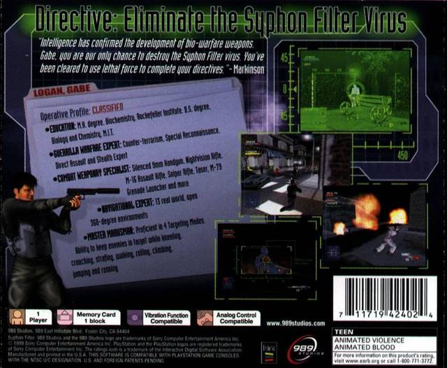 Syphon Filter Back Cover - Playstation 1 Pre-Played