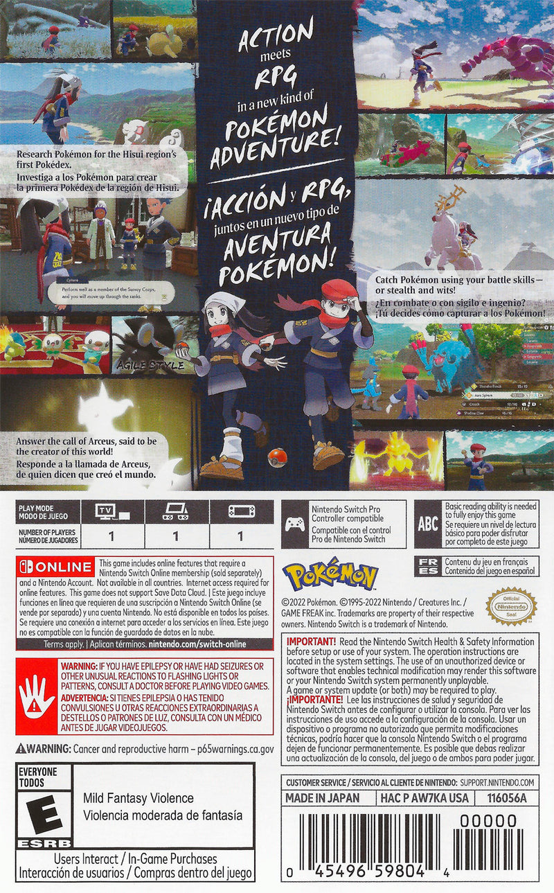 Pokemon Legends Arceus - Nintendo Switch Pre-Played Back Cover