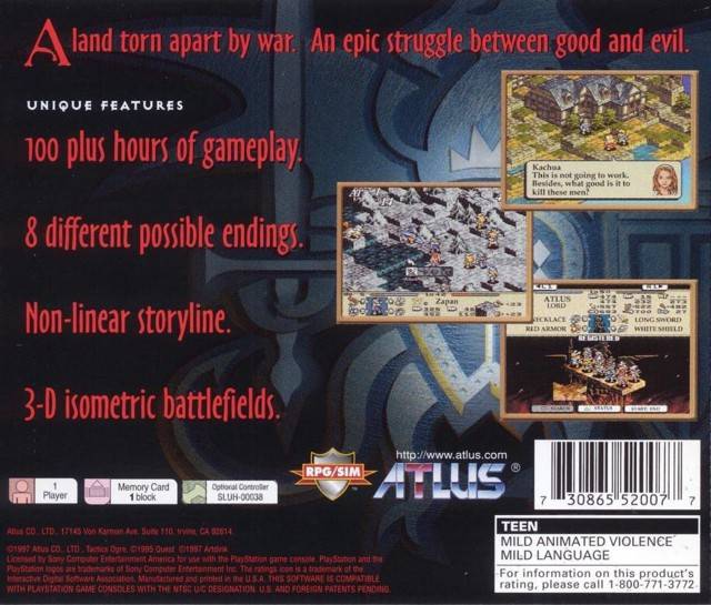 Tactics Ogre Back Cover - Playstation 1 Pre-Played