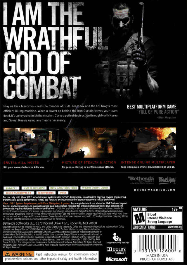 Rogue Warrior Back Cover - Xbox 360 Pre-Played