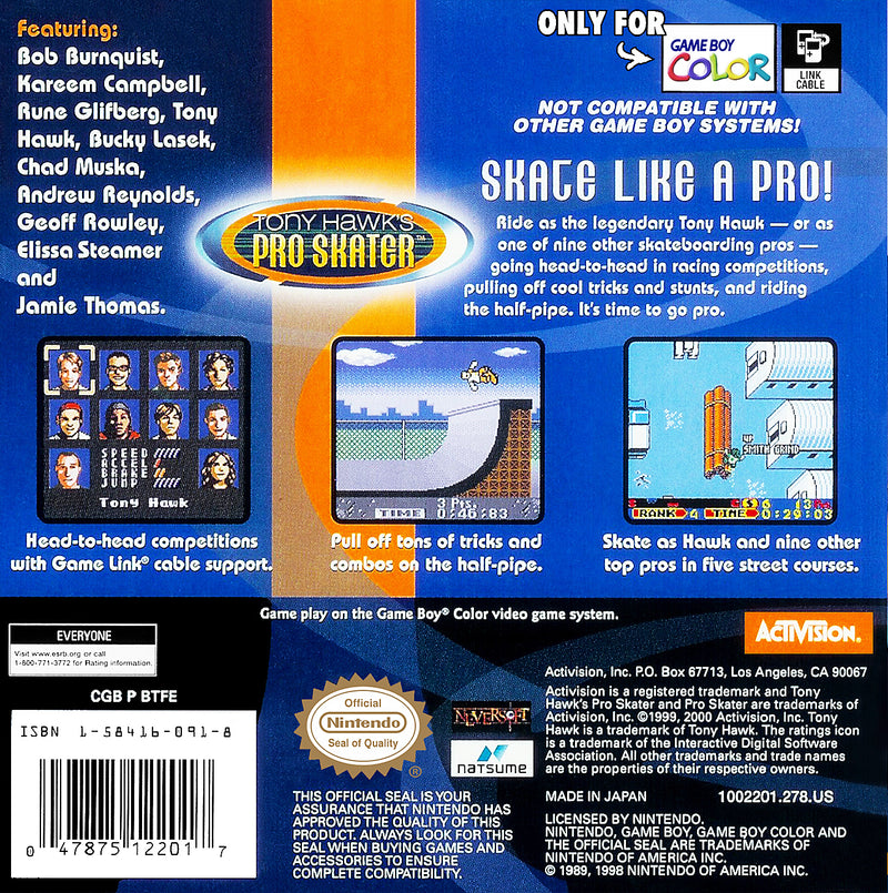Tony Hawk's Pro Skater Back Cover - Nintendo GameBoy Color Pre-Played