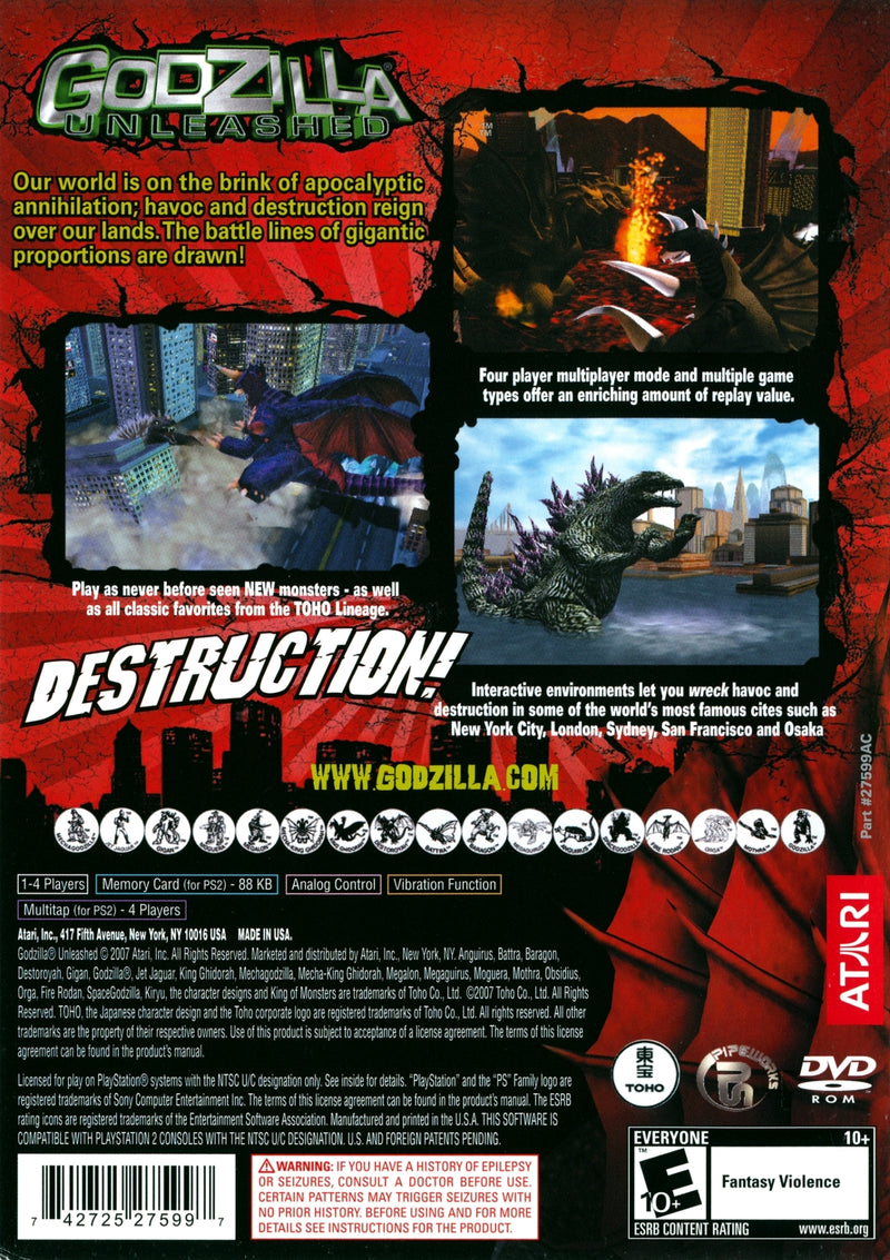 Godzilla Unleashed Back Cover - Playstation 2 Pre-Played