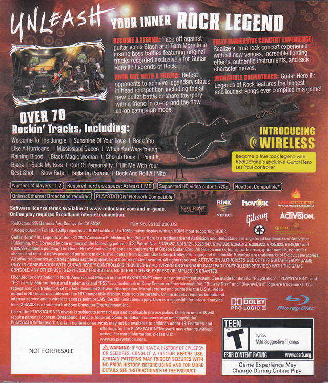 Guitar Hero III Legends of Rock Back Cover - Playstation 3 Pre-Played