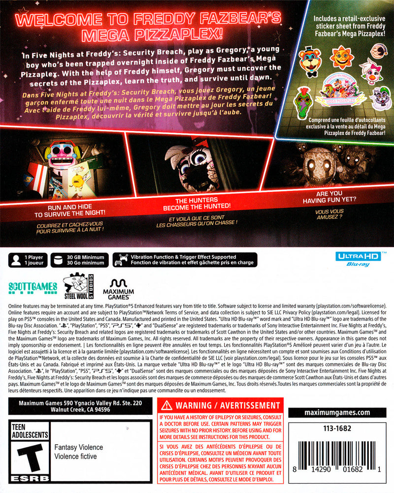 Five Nights at Freddy's Security Breach Back Cover - Playstation 5 Pre-Played