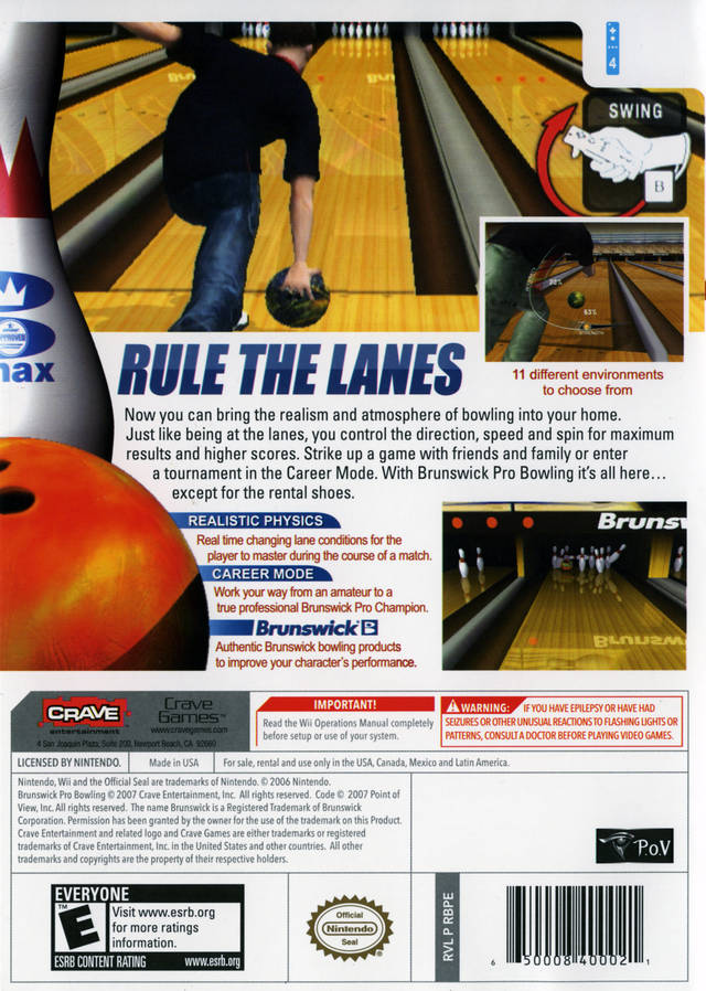 Brunswick Pro Bowling - Nintendo Wii Pre-Played Back Cover
