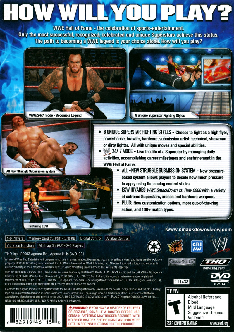 WWE SmackDown vs. Raw 2008 Back Cover - Playstation 2 Pre-Played