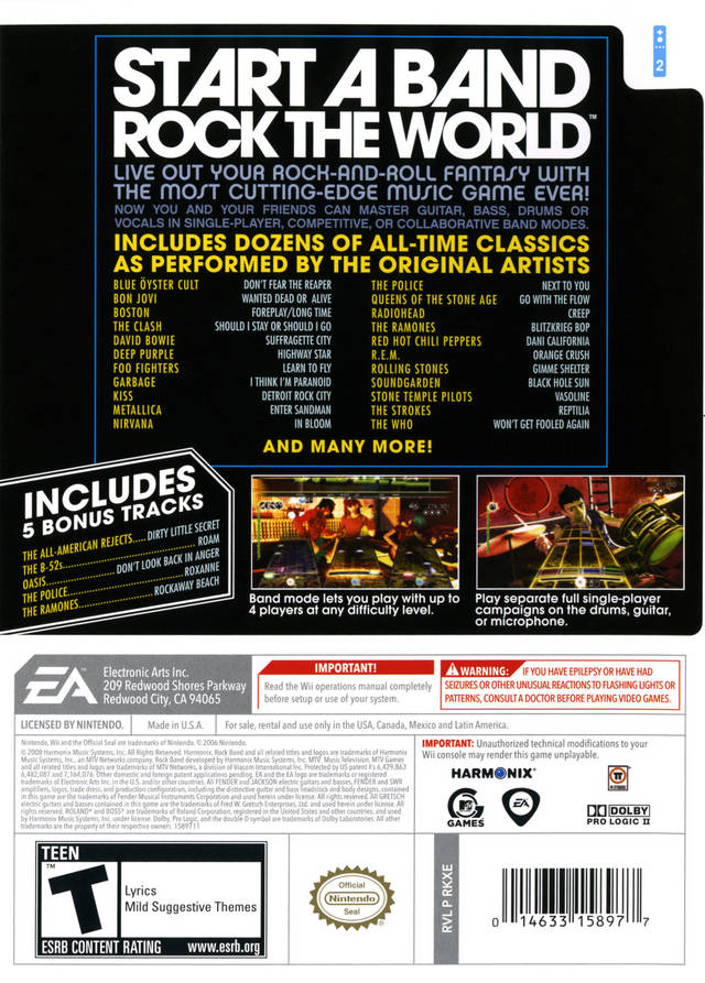 Rock Band (Game Only) Back Cover - Nintendo Wii Pre-Played