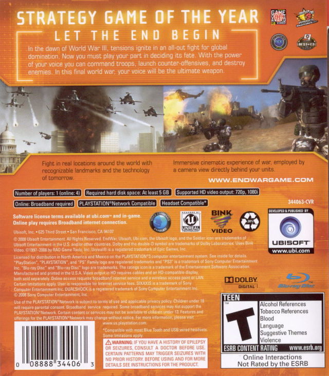 End War Back Cover - Playstation 3 Pre-Played