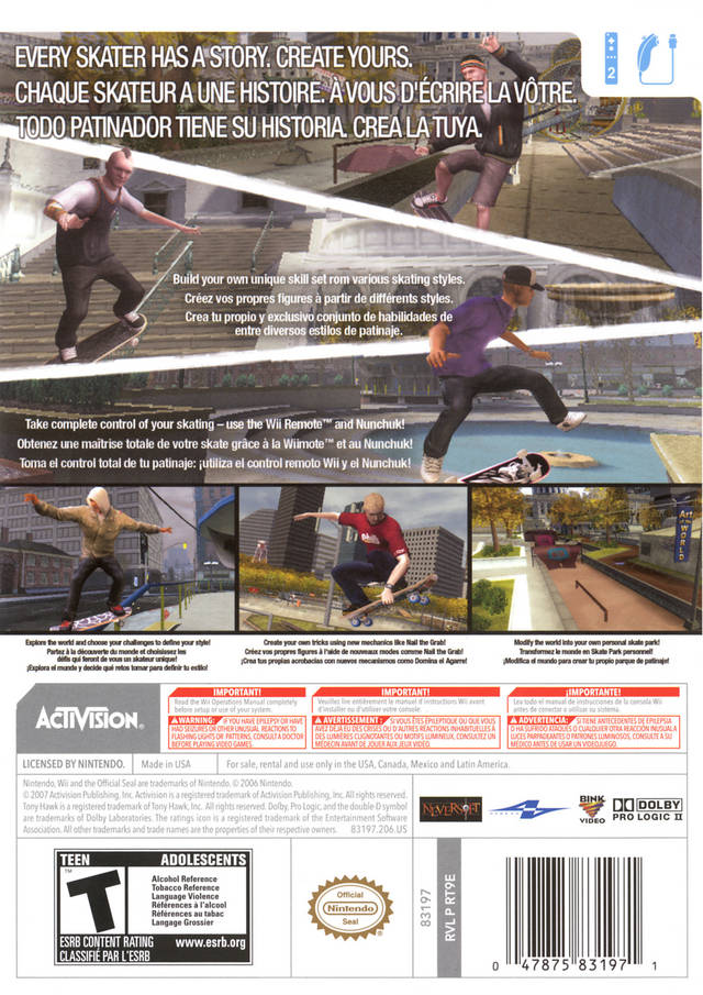 Tony Hawk Proving Ground Back Cover - Nintendo Wii Pre-Played