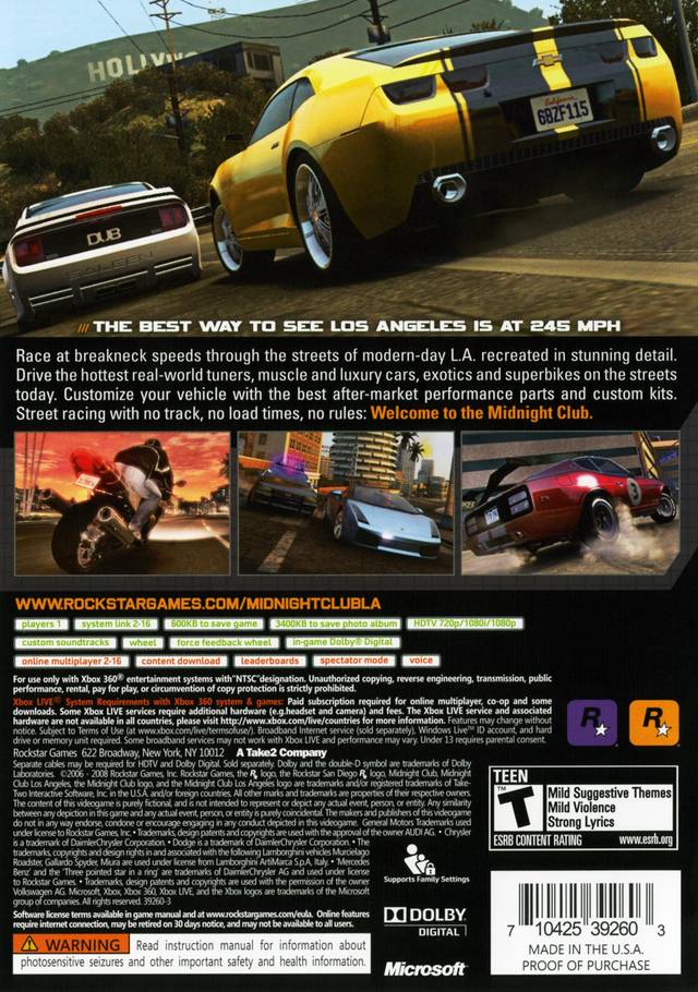 Midnight Club Los Angeles Back Cover - Xbox 360 Pre-Played