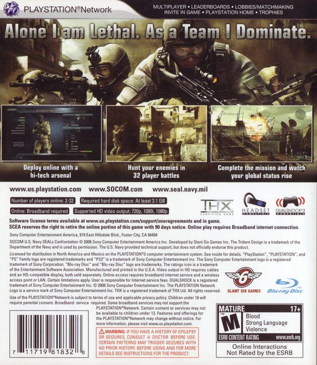 SOCOM US Navy Seals Confrontation Back Cover - Playstation 3 Pre-Played