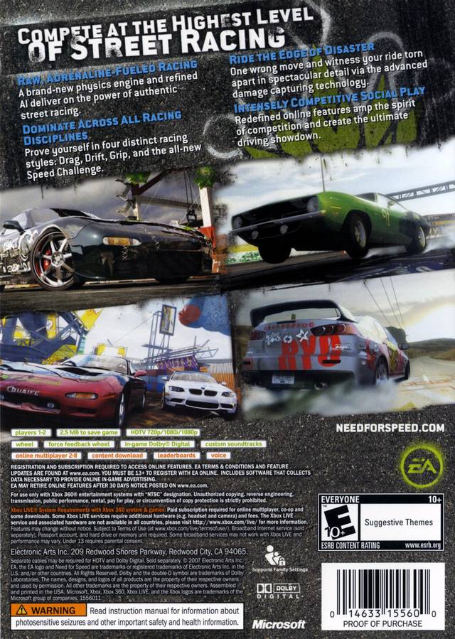 Need For Speed Pro Street Back Cover - Xbox 360 Pre-Played