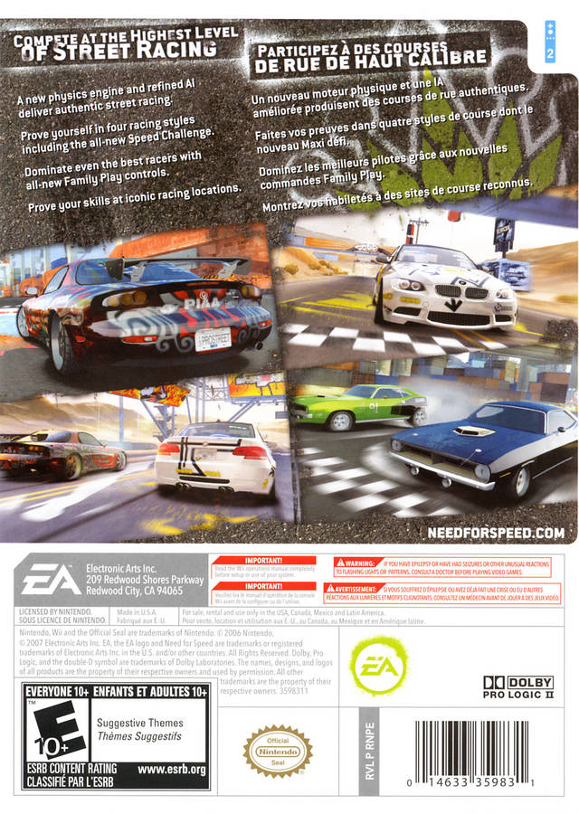 Need For Speed Pro Street Back Cover - Nintendo Wii Pre-Played