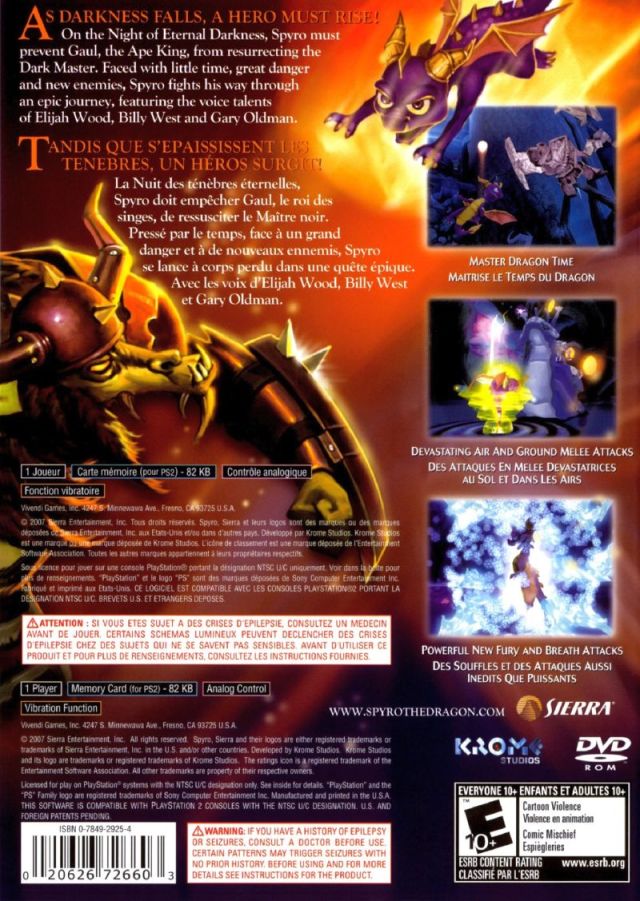 The Legend of Spyro: The Eternal Night Back Cover - Playstation 2 Pre-Played